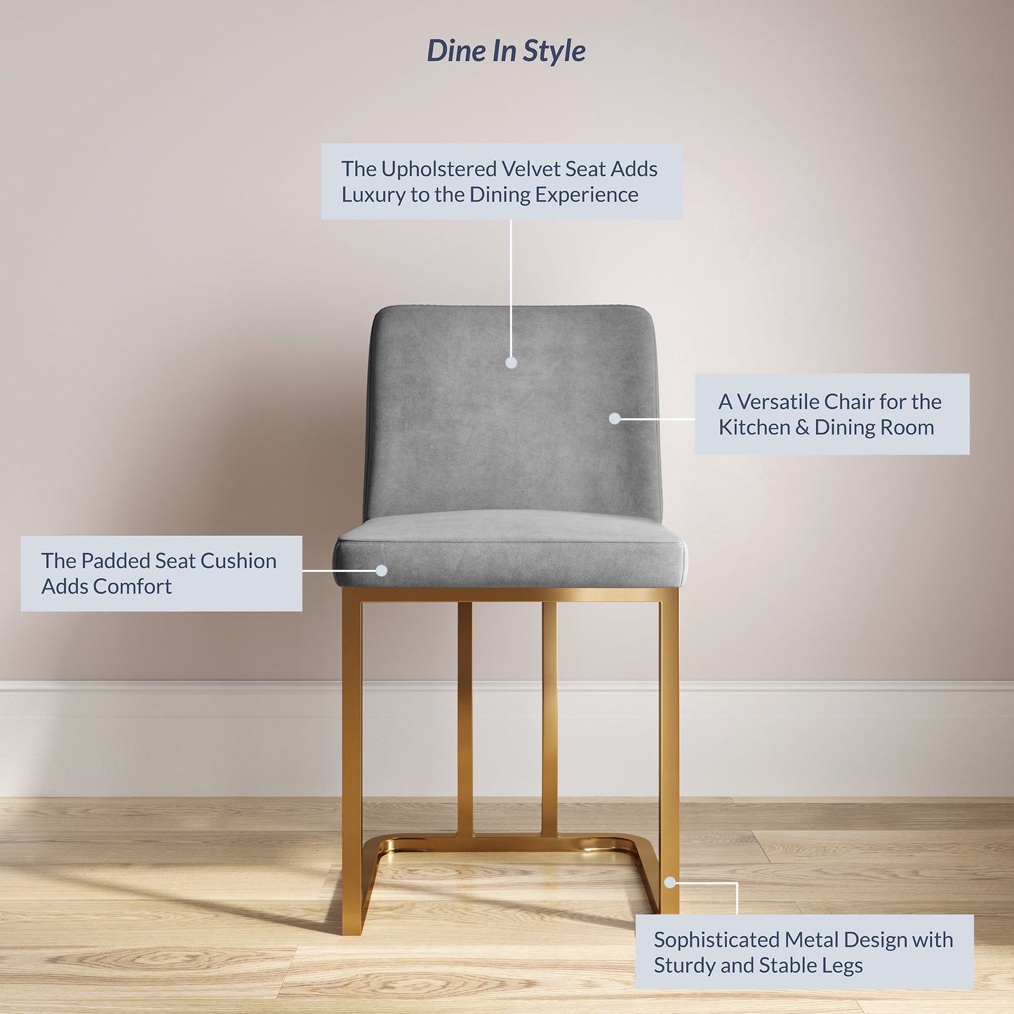 BELLEZE 19 Inch Upholstered Dining Chairs Set of 2, Velvet Kitchen Chairs Armless Dining Chairs with Gold Metal Frame, Modern Dining Chairs for Home and Restaurant - Hutton (Grey)