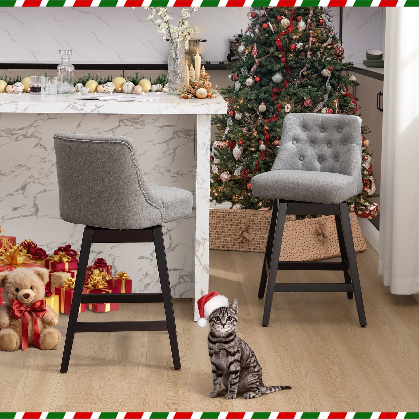 TEWLOSS Swivel Bar Stools Set of 2 Linen Fabric Barstools for Kitchen Island (29in , Gray)