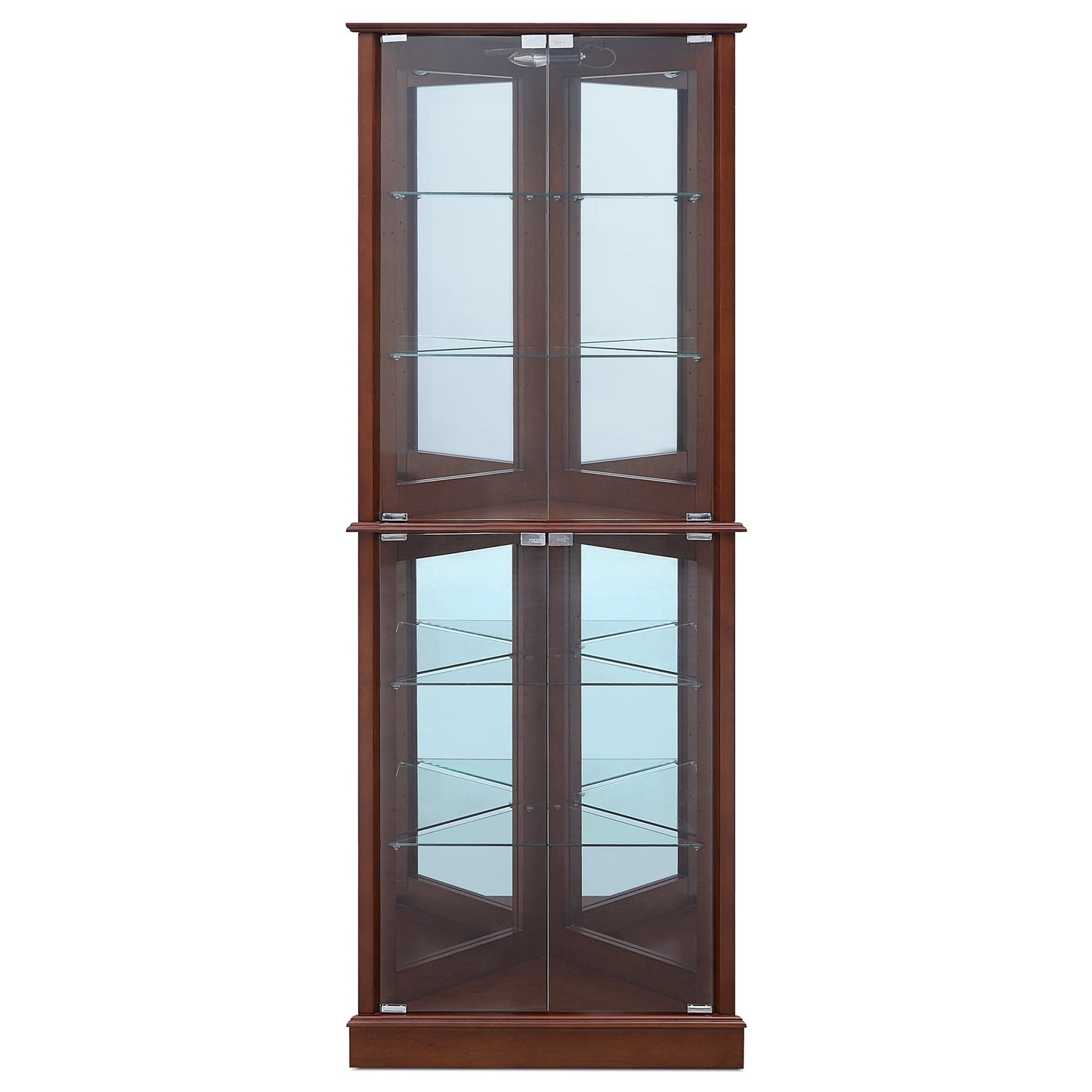 BELLEZE Woody Lighted Corner Curio Cabinet Tempered Glass Door 6 Shelves, Walnut