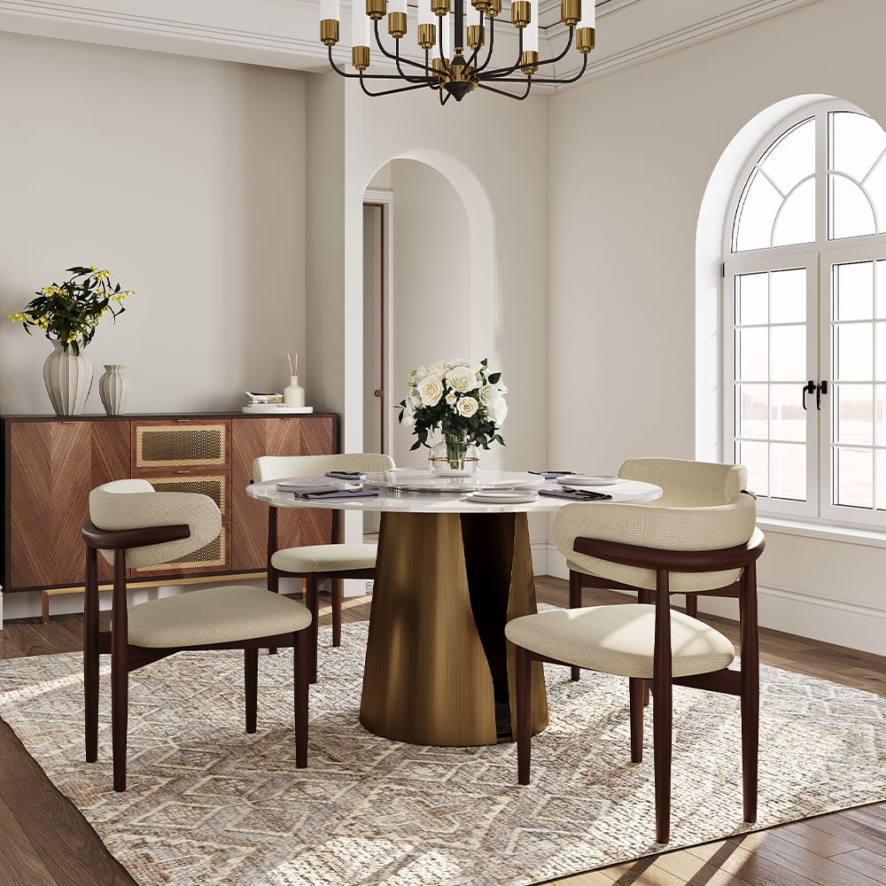 POVISON 51in Modern White Round Dining Table with Lazy Susan for 4, Glossy Sintered Stone Table, Bronze Carbon Steel Base