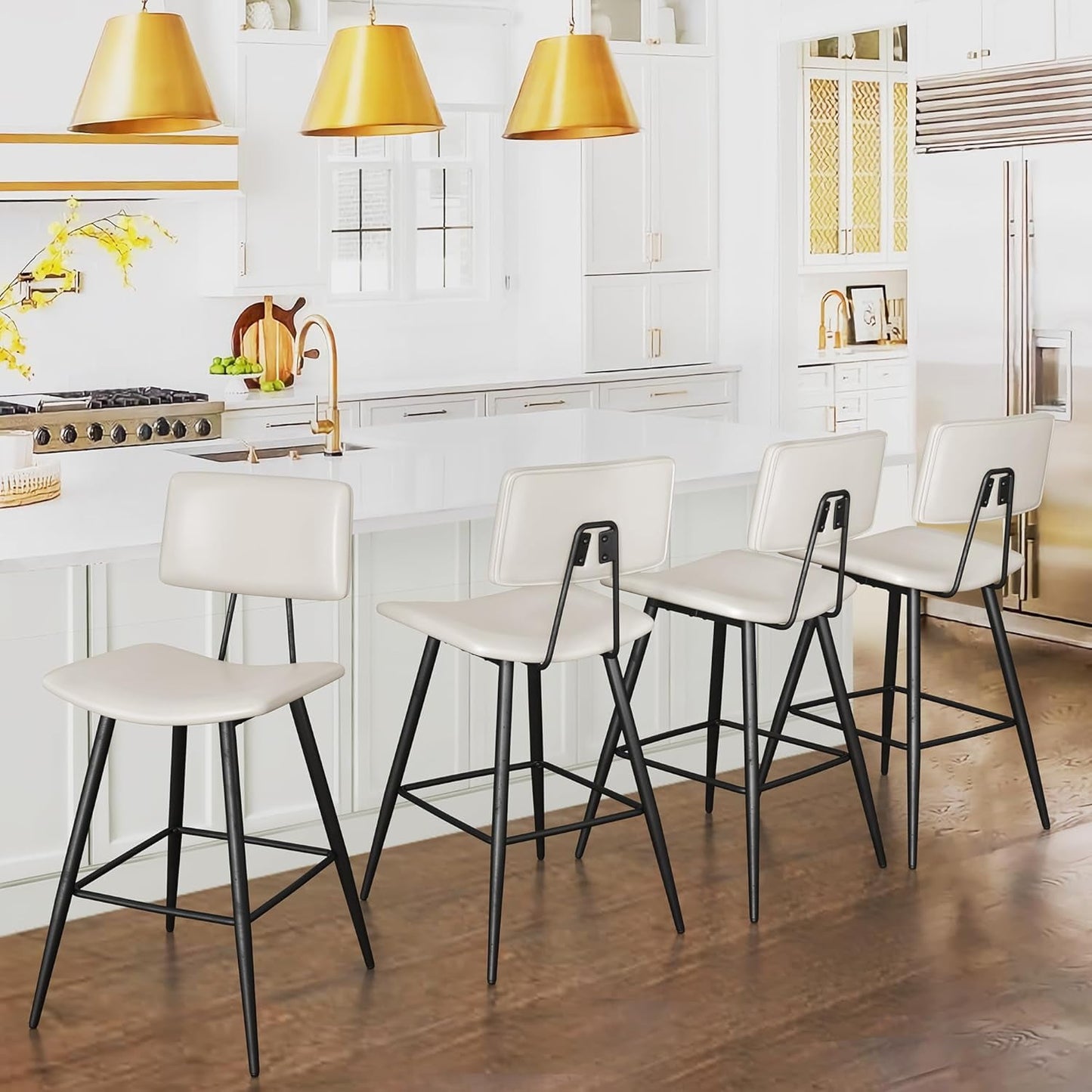 Dycanpo 24.5in Counter Height Bar Stools Set of 4, Faux Leather Upholstered Barstools, White