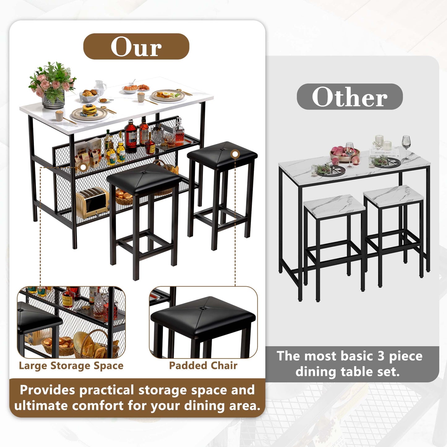 Kitchen Island With Seating, Faux Marble Counter Height Dining Set for 2, 3 Piece Dining Pub Set with Storage, Small Bar Dining Table Sets for Breakfast Nook with Upholstered Chairs, Brown