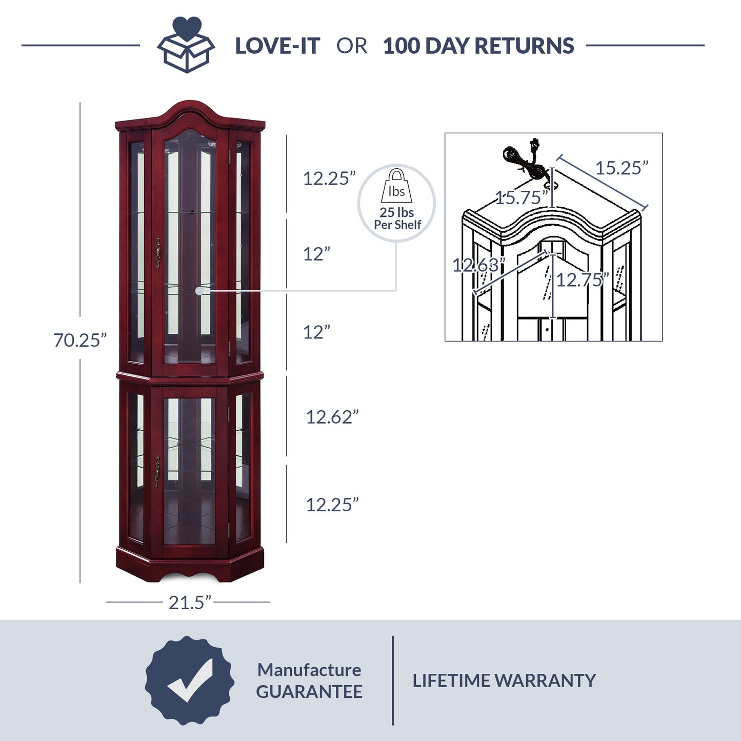 BELLEZE Loraine Canted Front Lighted Corner Curio Cabinet With 5 Tier Shelves, Cherry