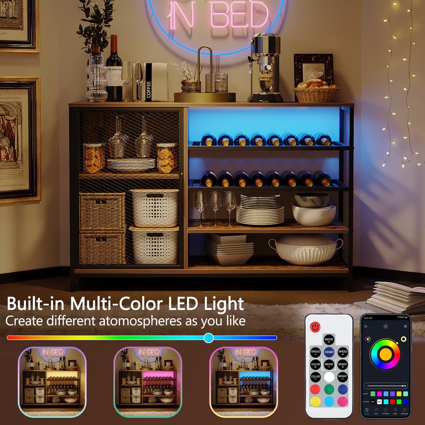 2024 New Bar Cabinet Wine Cabinet with Power Outlets, Liquor Cabinet with RGB Led Lights and Glass Holder, Storage Buffet Cabinet Coffee Bar Cabinet for Liquor, for Living Room