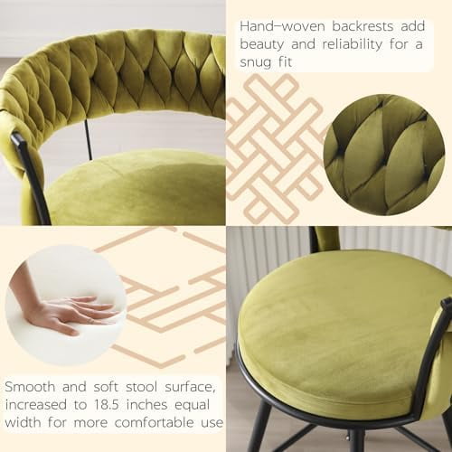 26 inch Bar Stool Set of 2, 360?? Swivel Counter Barstool with Backrest, Upholstered Hand-Woven Barstool, Modern Bar Chair with Footrest ,Green