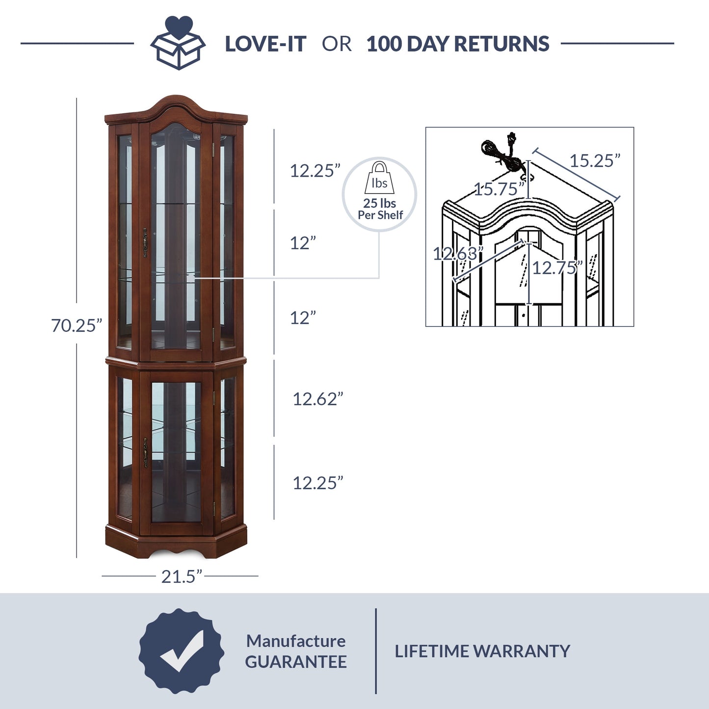 BELLEZE Loraine Canted Front Corner Lighted Curio Cabinet With 5 Tier Shelves, Walnut