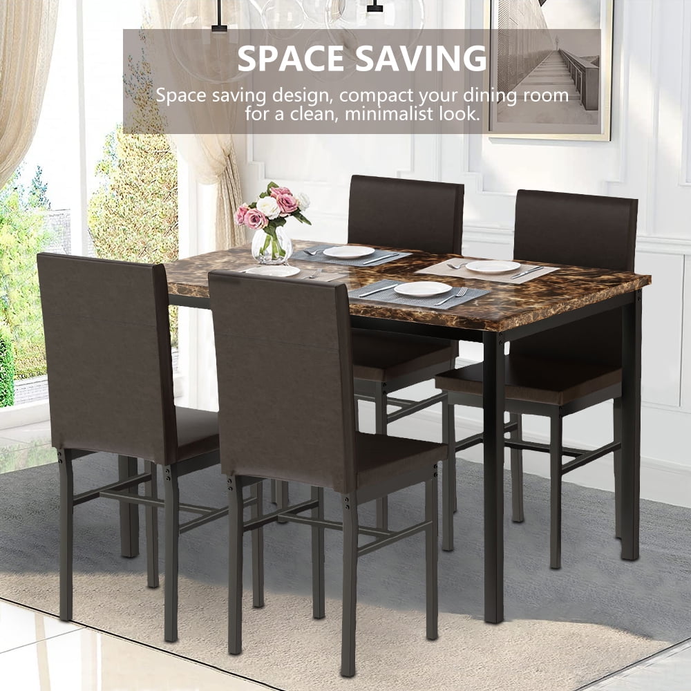 SEGAMRT 5 Piece Dining Table Set for Apartments, Faux Marble Tabletop 4 Leather Chairs Kitchen Dining