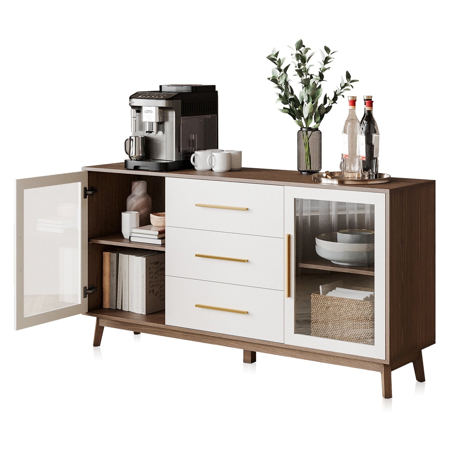 BELLEZE Modern Sideboard, Sideboard Buffet Cabinet with 3 Drawers & 2 Doors, Accent Cabinet for Dining Room, Hallway, Bedroom, or Kitchen - Troy (White)