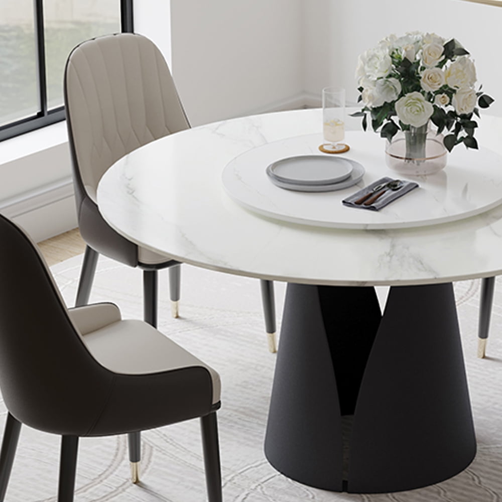 POVISON 59in Modern Round Matte White Dining Table For 6 with Lazy Susan, Sintered Stone Tabletop, Solid Black Carbon Steel Base