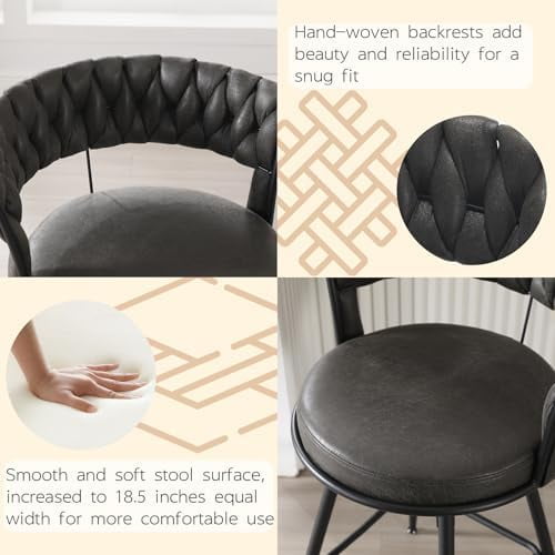 26 inch Bar Stool Set of 2, 360?? Swivel Counter Barstool with Backrest, Upholstered Hand-Woven Barstool, Modern Bar Chair with Footrest ,Black gray