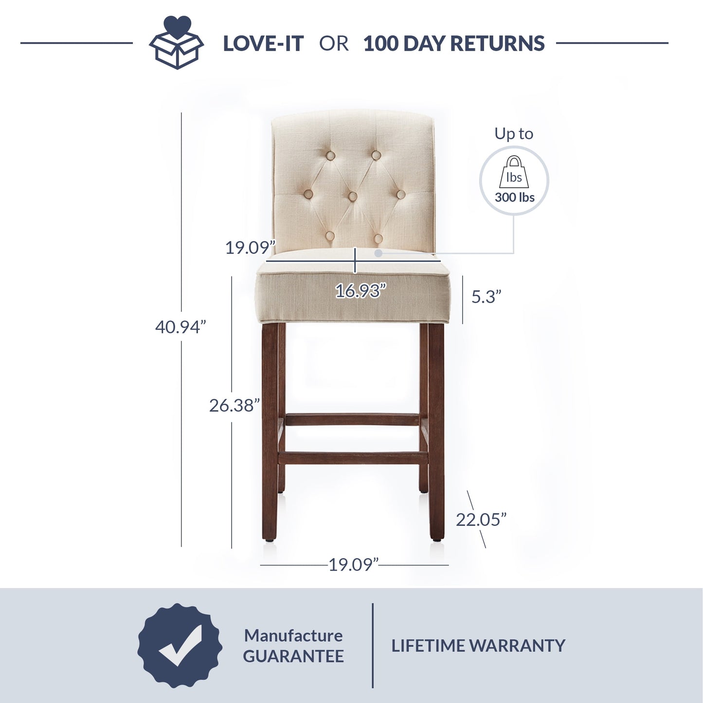 BELLEZE Counter Height Bar Stools for Kitchen Island Set of 4, Modern Counter Stools Button Tufted Upholstered Barstools Island Chairs Farmhouse High Back Dining Room Chairs - Calila (Natural)