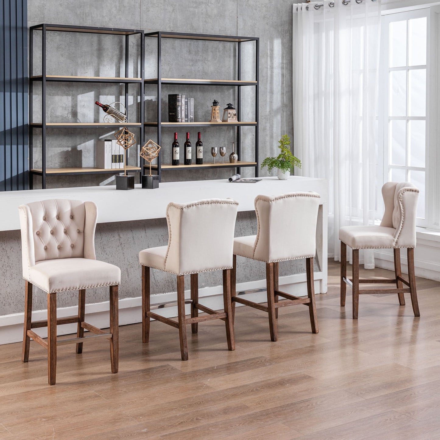 27in Padded Bar Stools, Tufted Velvet Upholstered Wing-Back Barstools with Nailhead Trim, Footrest and Solid Wood Legs, Comfy Button Tufted Counter Height Chairs with Tufted Back (Beige,Set of 4)