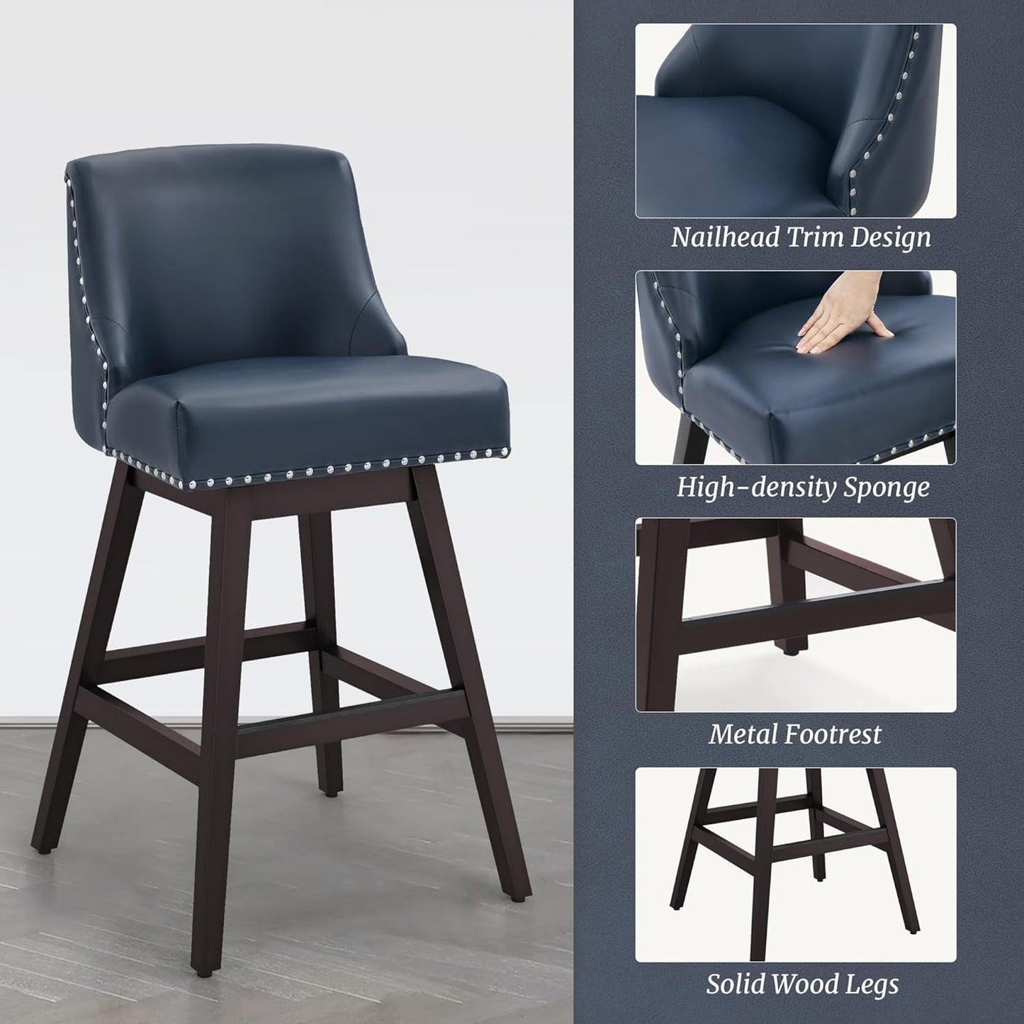 Dycanpo 30in H Swivel Bar Stools Set of 3 with Back Faux Leather for Home Kitchen Island,Navy Blue