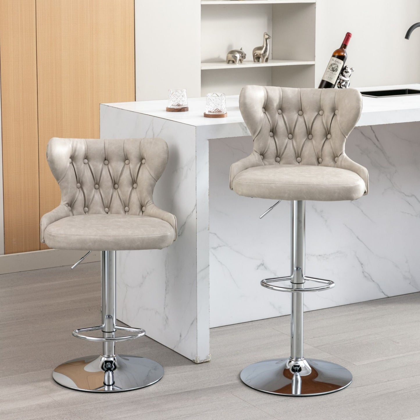 25-33 Inch PU Leather Bar Stools, Counter Height Adjustable Swivel Barstools High Bar Chairs with Back & Metal Base, Stools Chair with Footrest for Home Kitchen Island, Pub(Beige,Set of 2)