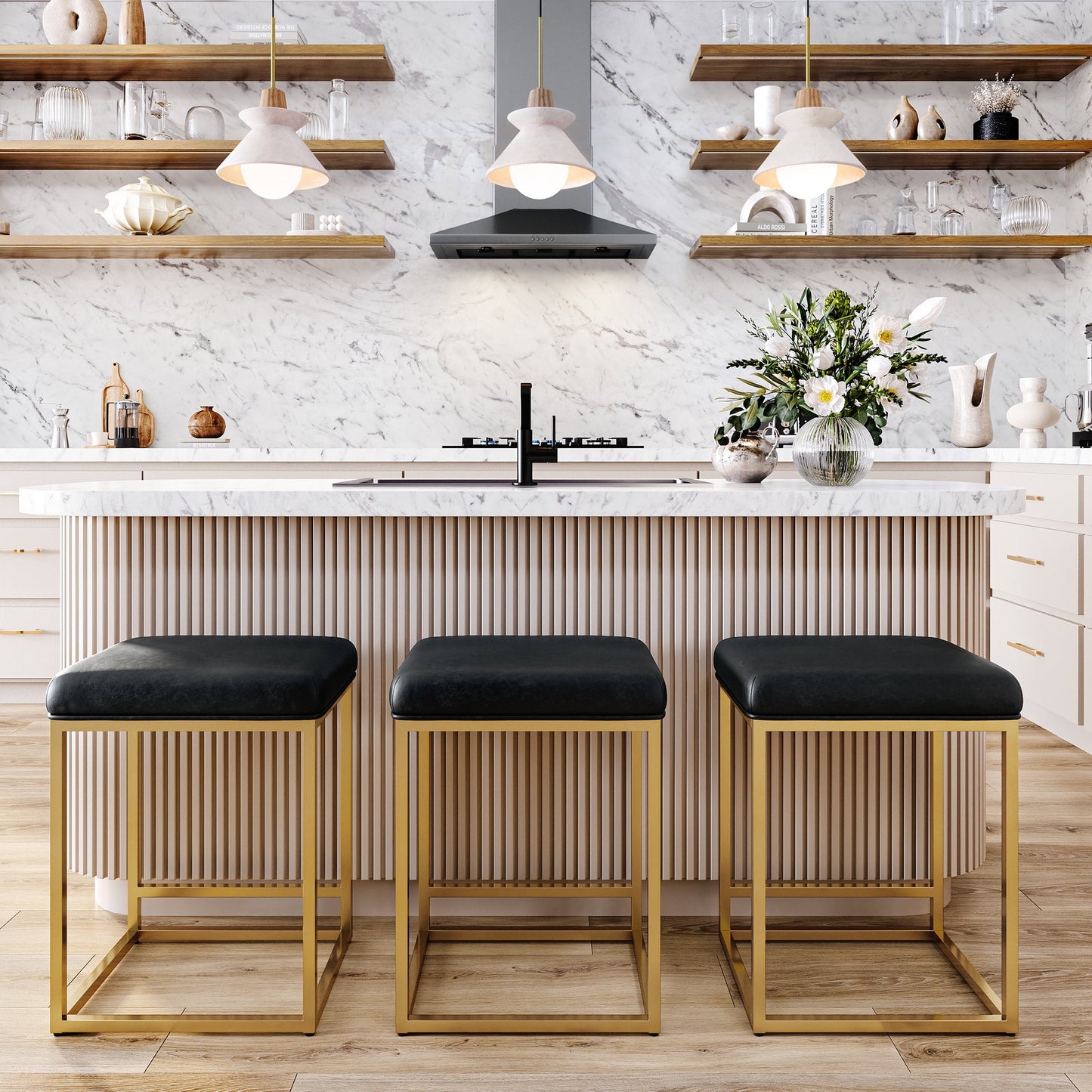 BELLEZE 24in Backless Bar Stools Set of 4, Counter Height Barstools, Modern Upholstered PU Leather Counter Stools with Metal Base Kitchen Island Chairs Dining Chair, Black & Gold