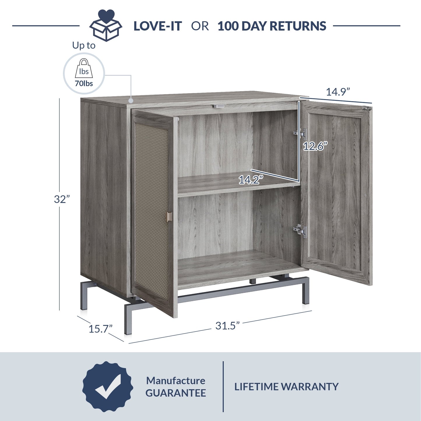 BELLEZE Sideboard Buffet Cabinet with Rattan Decorated Doors, Storage Cabinet with Metal Base and Adjustable Shelves, Credenza for Bedroom, Hallway, Living Room, Office - Liam(Gray)