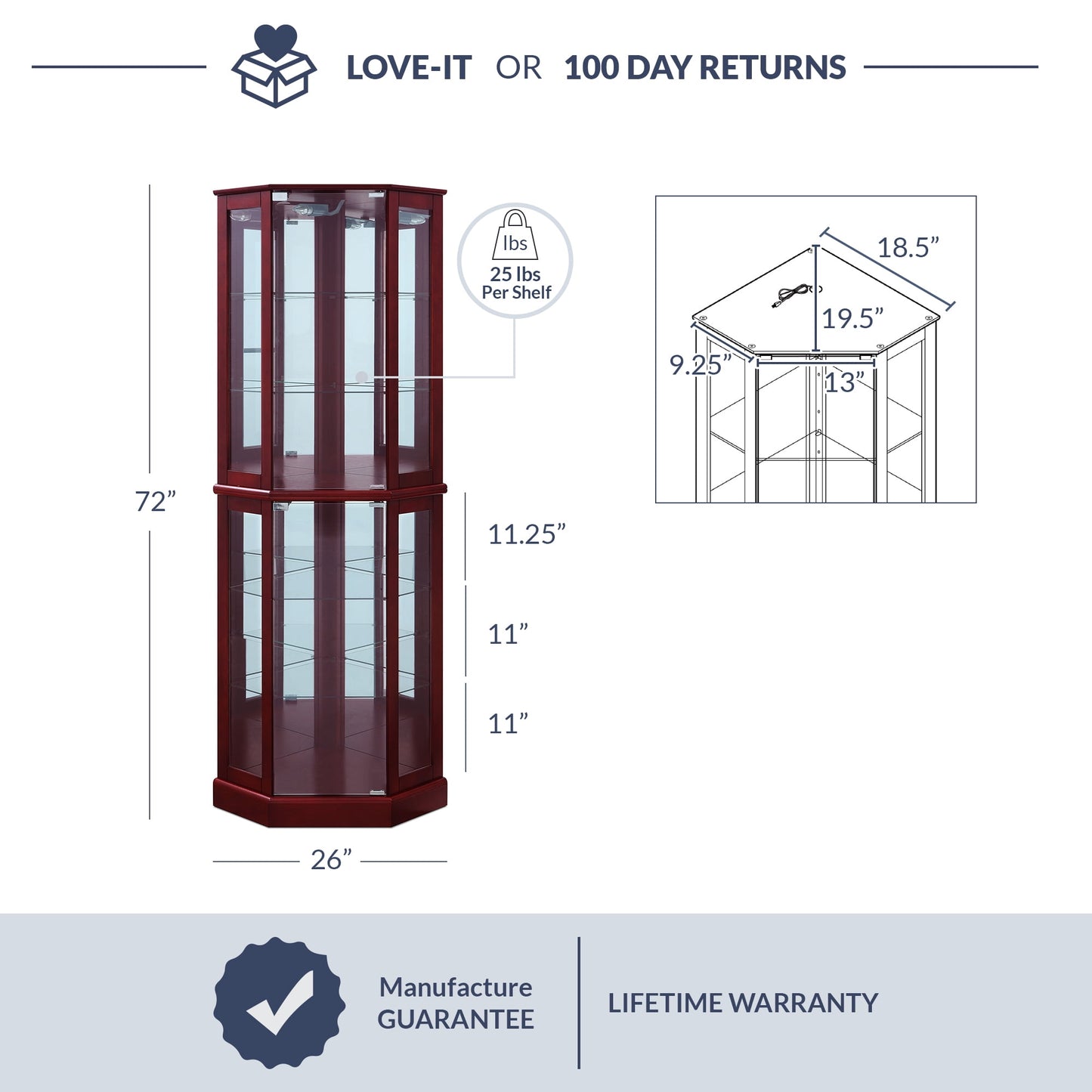 BELLEZE Ashfield Lighted Wood/Glass Curio Corner Cabinet Floor Standing, Cherry