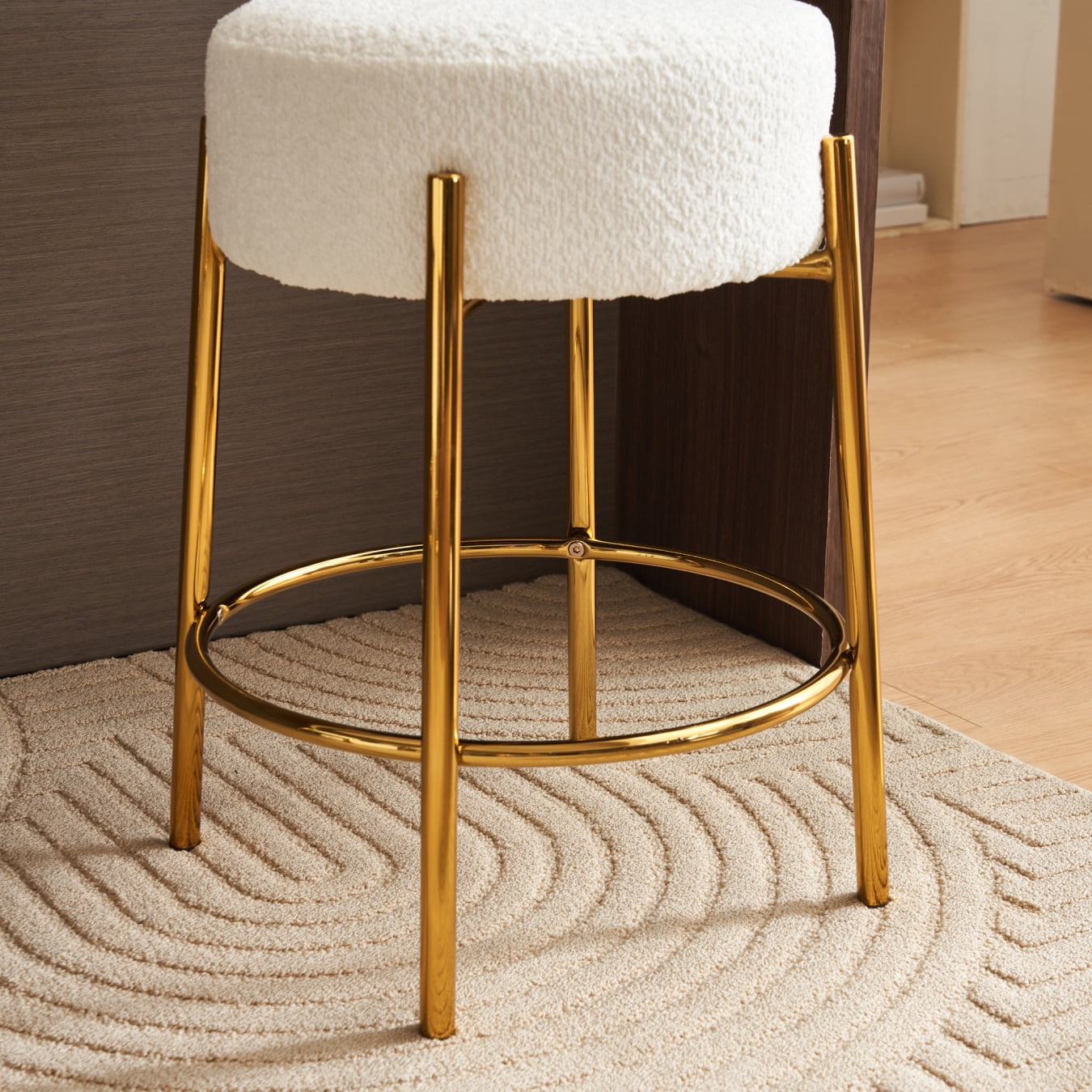 24in Round Bar Stools Set of 2,Counter Height Stools with Teddy Fabric Upholstered,Backless Kitchen Island Stools,Backless Dining Seat with Metal Base, Beige&Golden