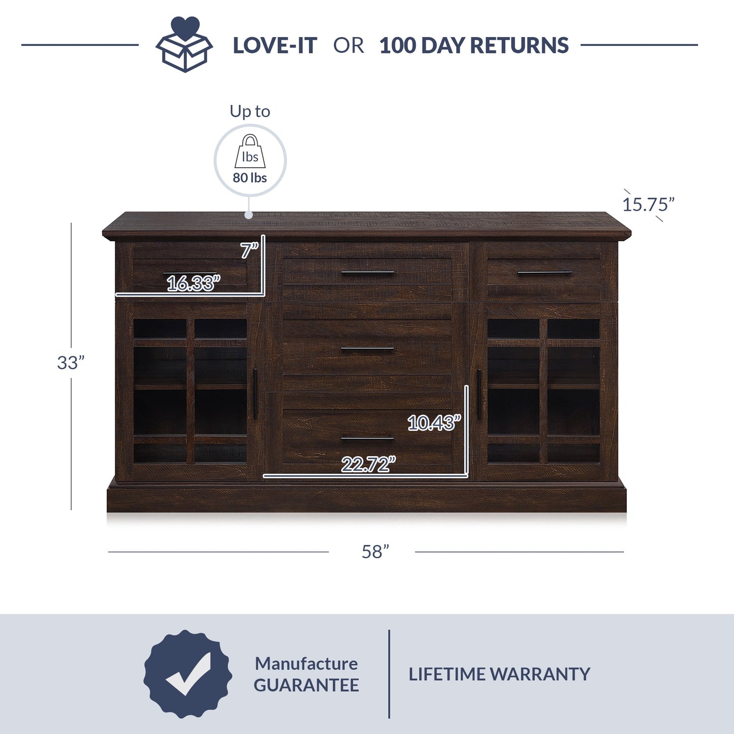 BELLEZE Modern Farmhouse Industrial Style Sideboard Buffet Console Table, Versatile Media Cabinet With Drawers And Adjustable Shelves - Astorga (Espresso)
