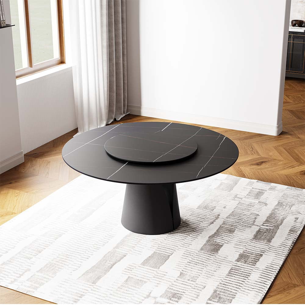 POVISON 59in Modern Round Black Kitchen Dining Table For 6 With Lazy Susan, Matte Sintered Stone Tabletop, Solid Black Carbon Steel Base