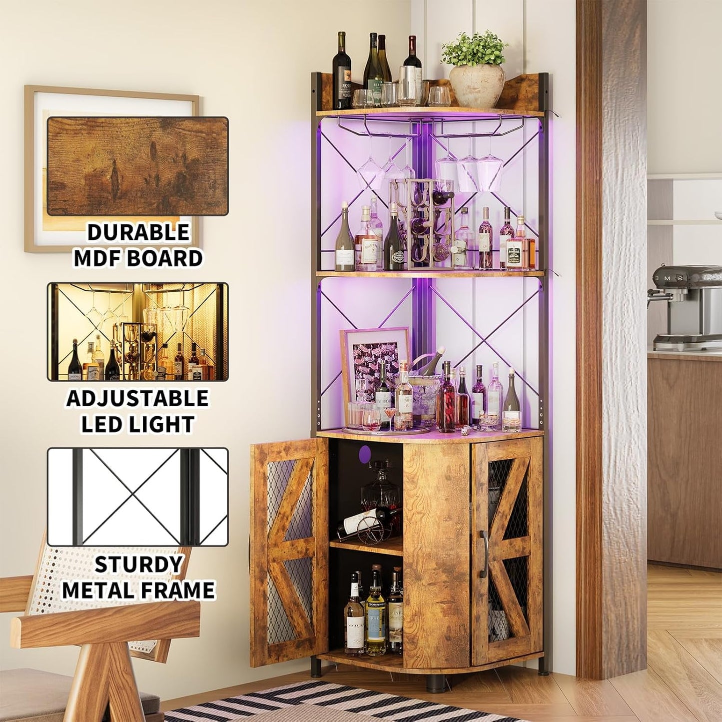 Linor 63in 5-Tier Corner Bar Cabinet with RGB LED Lights, Power Outlet, Glass Holder, Rustic Brown