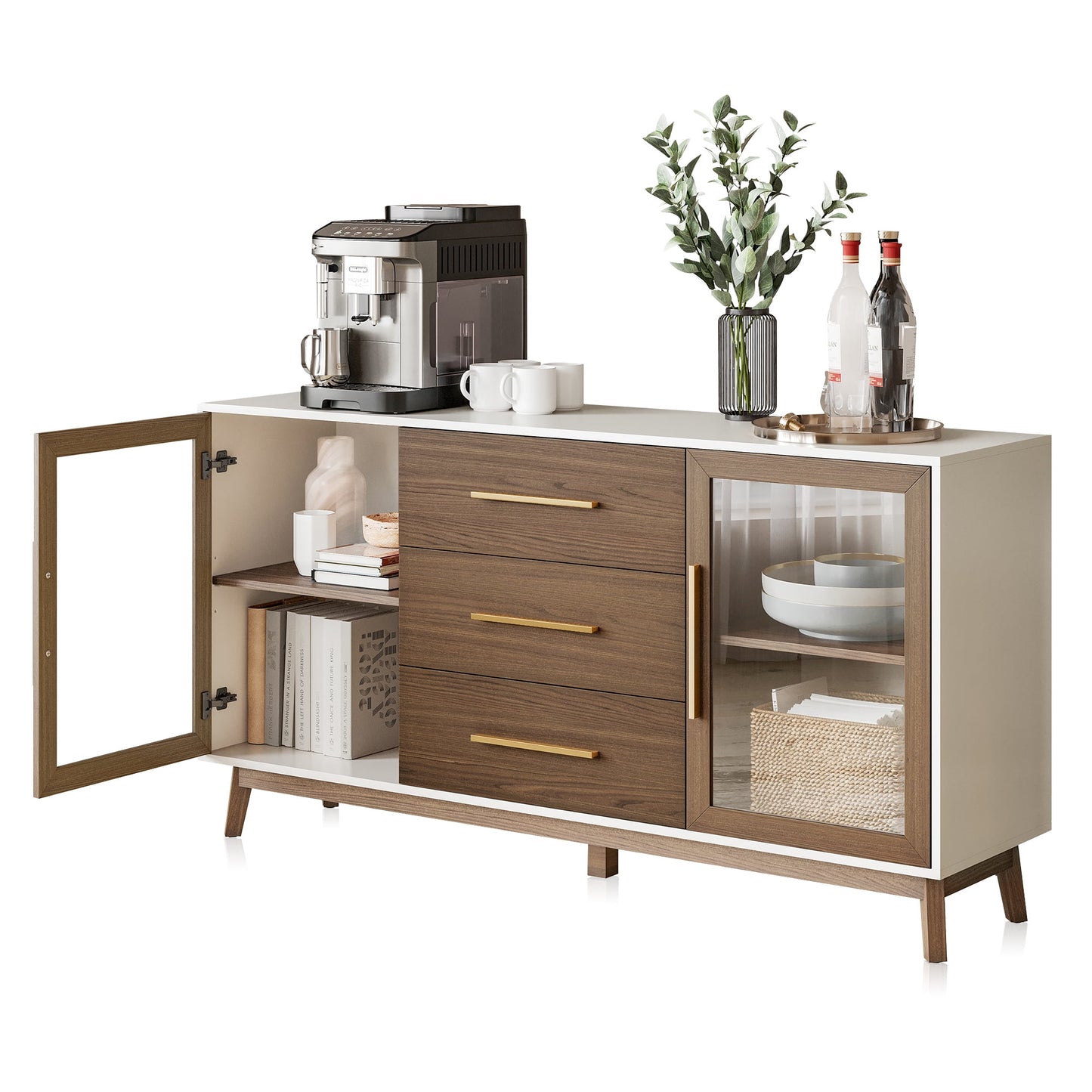 BELLEZE Modern Sideboard, Sideboard Buffet Cabinet with 3 Drawers & 2 Doors, Accent Cabinet for Dining Room, Hallway, Bedroom, or Kitchen - Troy (Brown)