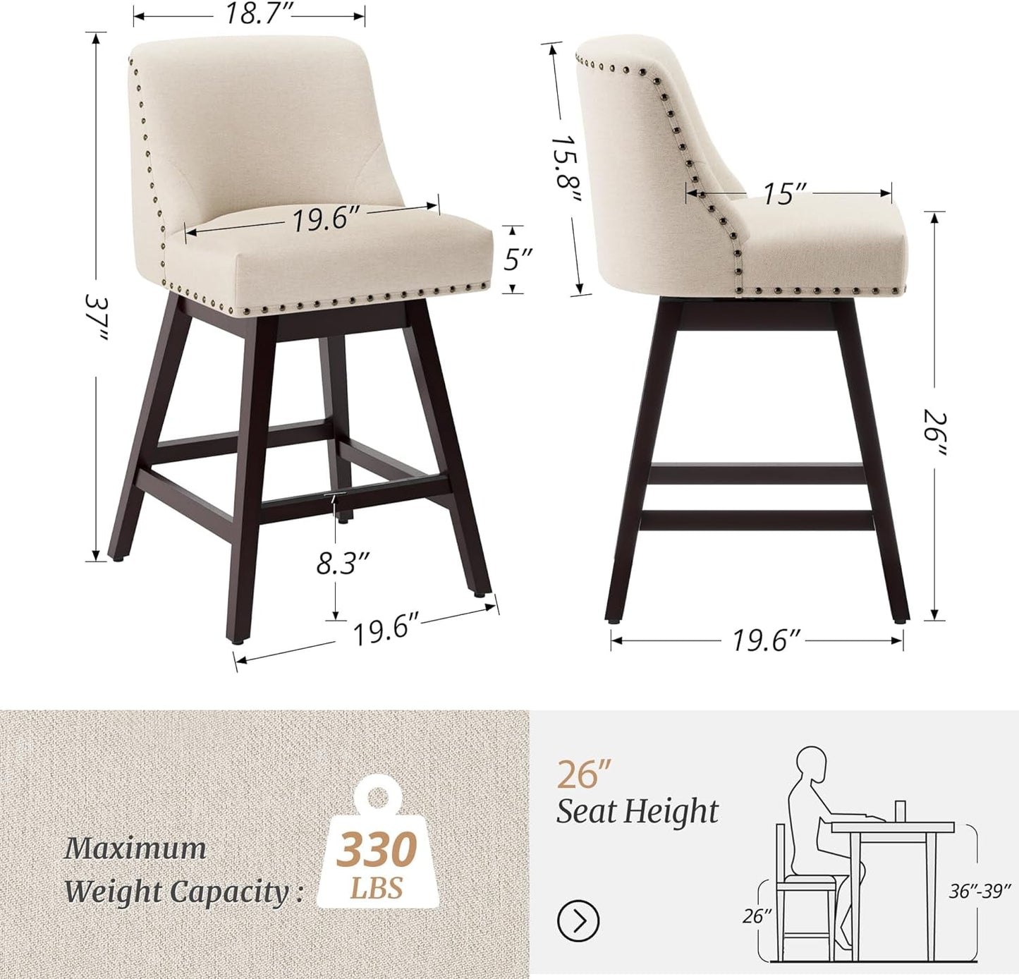 Dycanpo 26in H Swivel Counter Stools Set of 4 with Back Linen Fabric for Home Kitchen Island