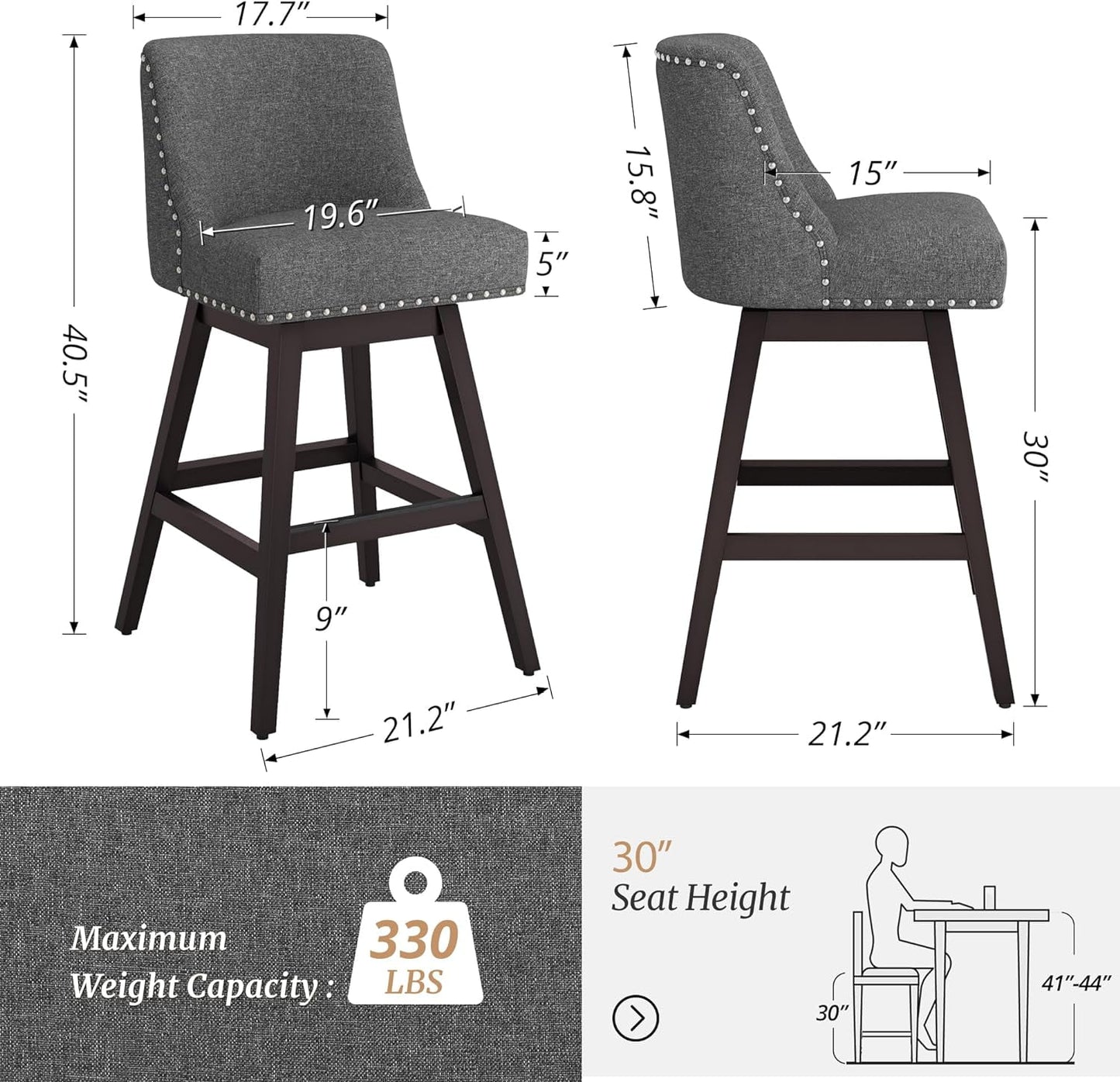 Dycanpo 30in H Swivel Bar Stools Set of 4 with Back Linen Fabric for Home Kitchen Island, Gray
