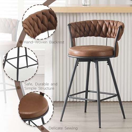 26 inch Bar Stool Set of 2, 360?? Swivel Counter Barstool with Backrest, Upholstered Hand-Woven Barstool, Modern Bar Chair with Footrest ,Brown