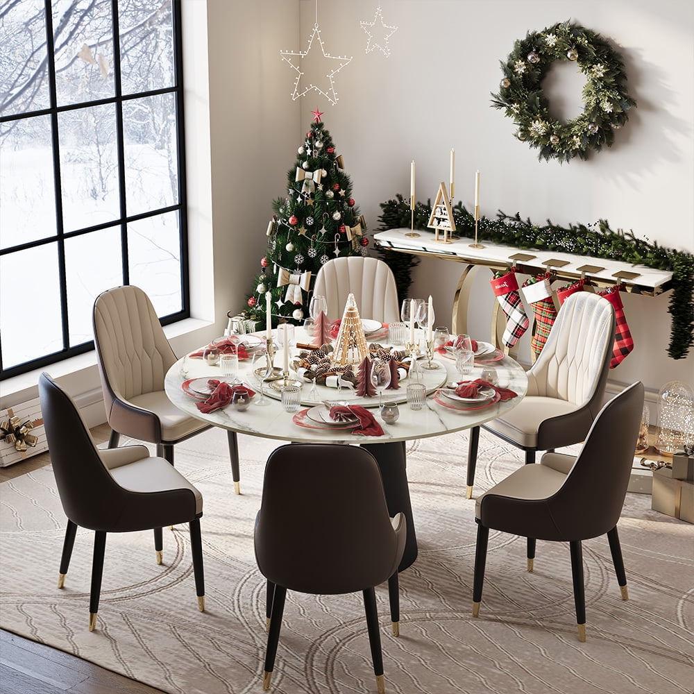 POVISON 59in Modern Round White Dining Table for 6 With Lazy Susan,Glossy Sintered Stone Tabletop, Solid Black Carbon Steel Base