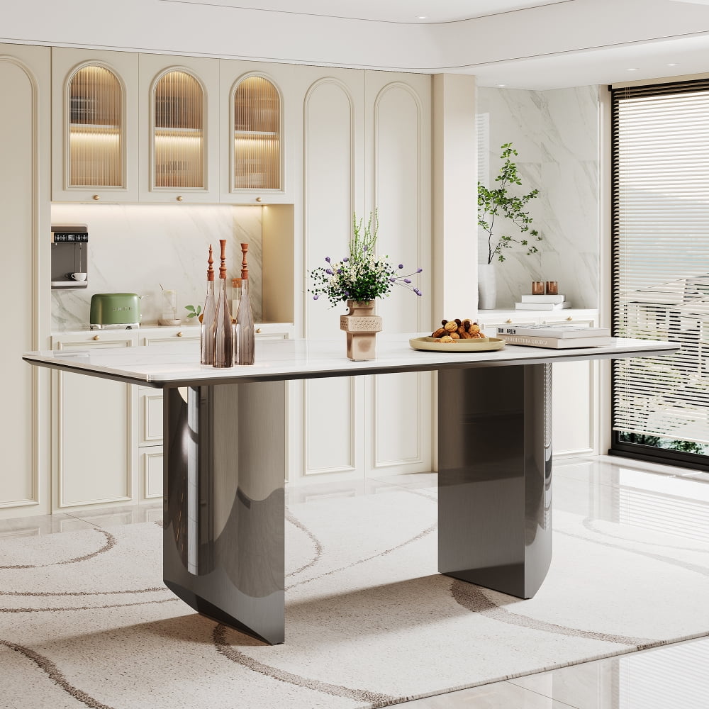 0.47in Thick Sintered Stone Composite Tempered Glass Top Dining Table with Stainless Steel Base