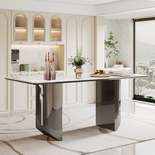 0.47in Thick Sintered Stone Composite Tempered Glass Top Dining Table with Stainless Steel Base