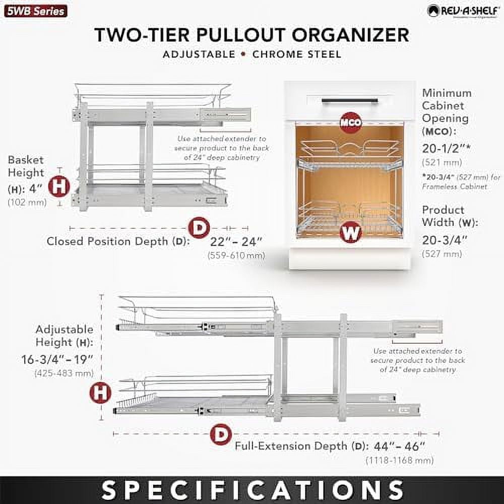 2-Tier Kitchen Cabinet Pull Out and Drawer Organizer Slide Out Pantry Basket in Multiple Sizes 9 x 22 In 5WB2-0922CR-1