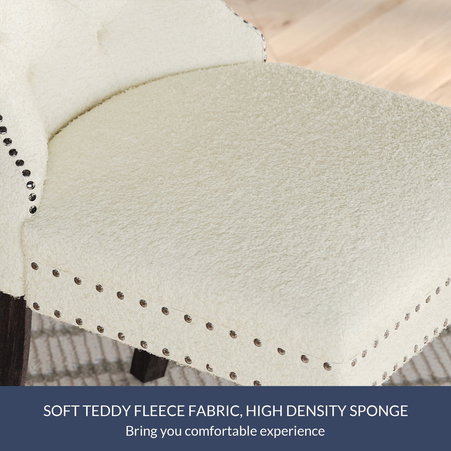 BELLEZE Upholstered Dining Chairs Set of 6, Teddy Fleece Luxury Dining Room Chairs with Button Back, Nailhead Trim, Pull-ring, Solid Wood Legs for Kitchen, Living Room, Restaurant - Chandler (White)