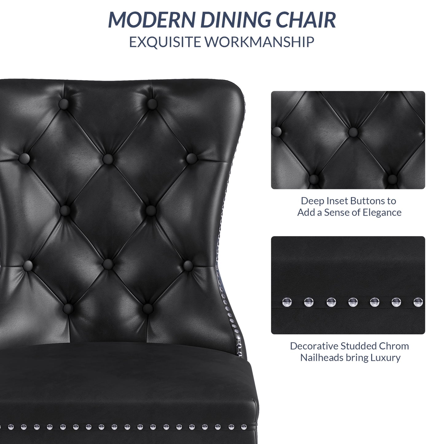 BELLEZE Upholstered Dining Chairs Set of 4, Faux Leather Luxury Dining Room Chairs with Button Back, Nailhead Trim, Pull-ring, Solid Wood Legs for Kitchen, Living Room, Restaurant - Chandler (Black)
