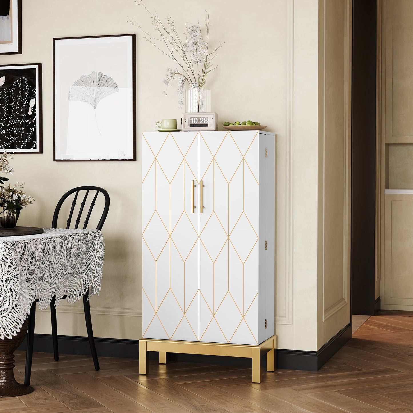 CBJCBJ 45in H Modern Kitchen Pantry Cabinet with 2-Door Adjustable Shelves and Golden Feet, White