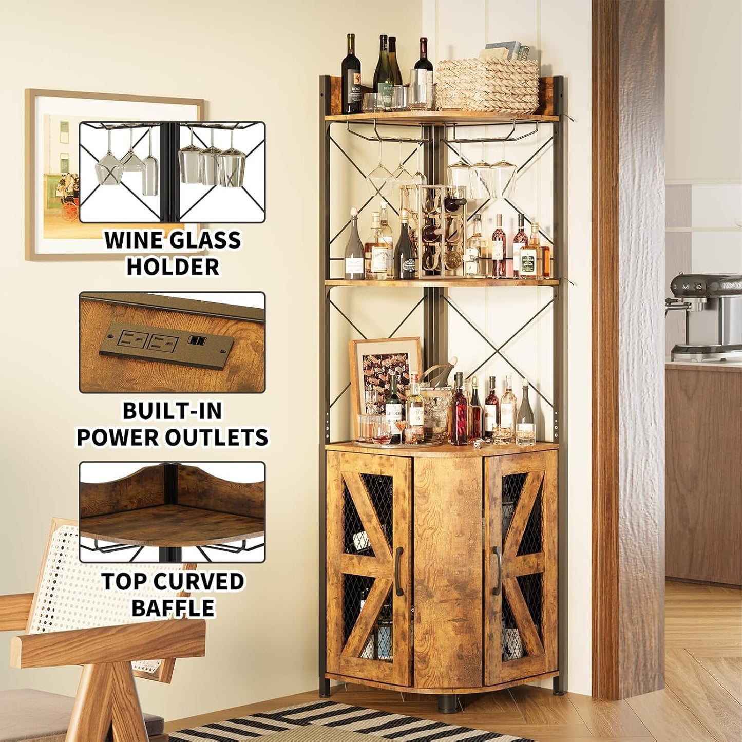 Linor 63in 5-Tier Corner Bar Cabinet with RGB LED Lights, Power Outlet, Glass Holder, Rustic Brown