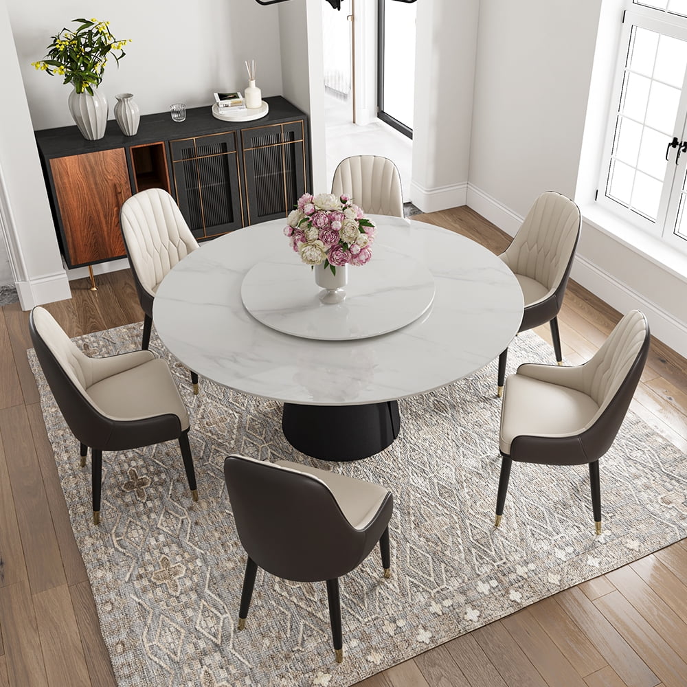 POVISON 59in Modern Round White Dining Table for 6 With Lazy Susan,Glossy Sintered Stone Tabletop, Solid Black Carbon Steel Base