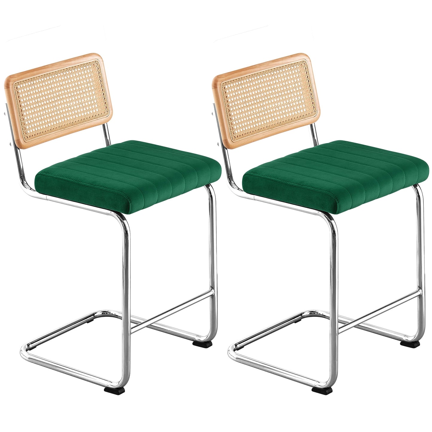 26in Rattan Bar Stools, Set of 2, Rattan Counter Height Velvet Armless Bar Stools with Cane Back for Home Office Kitchen Island