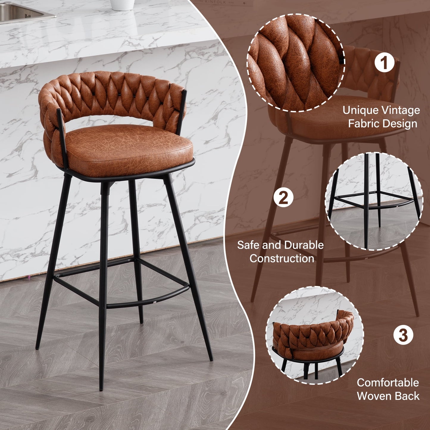 26in Barstool Set of 2, 180?? Swivel Upholstered Barstools, Counter Height Bar Stool with Woven Back and Footrest, Suede Fabric Bar Chairs for Kitchen Island Restaurants, Whiskeybrown