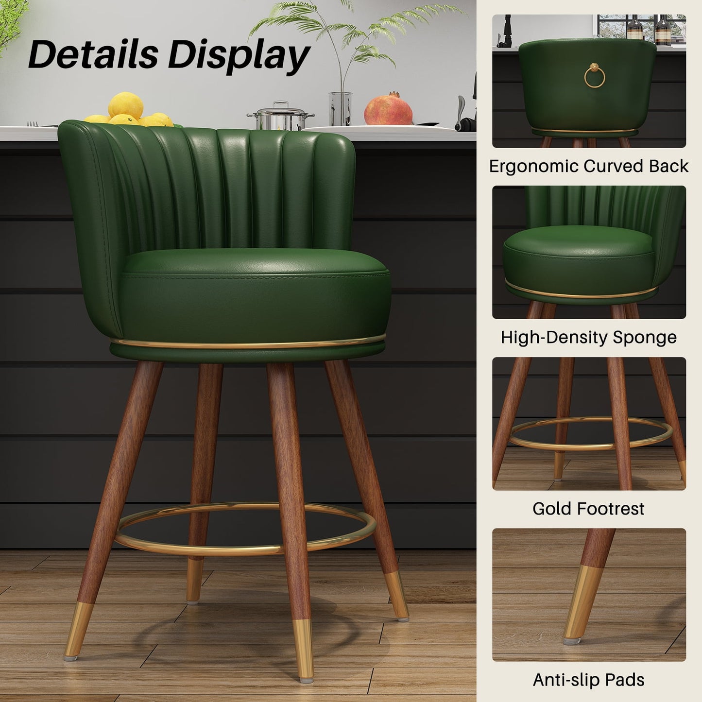HomeZeer 24 Swivel Bar Stools Set of 2, Comfortable PU Leather Pub Chairs with Curved Back and Wood Legs, Green