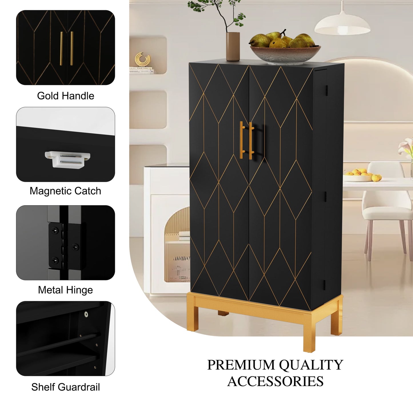 CBJCBJ 45in H Modern Kitchen Pantry Cabinet with 2-Door Adjustable Shelves and Golden Feet, White