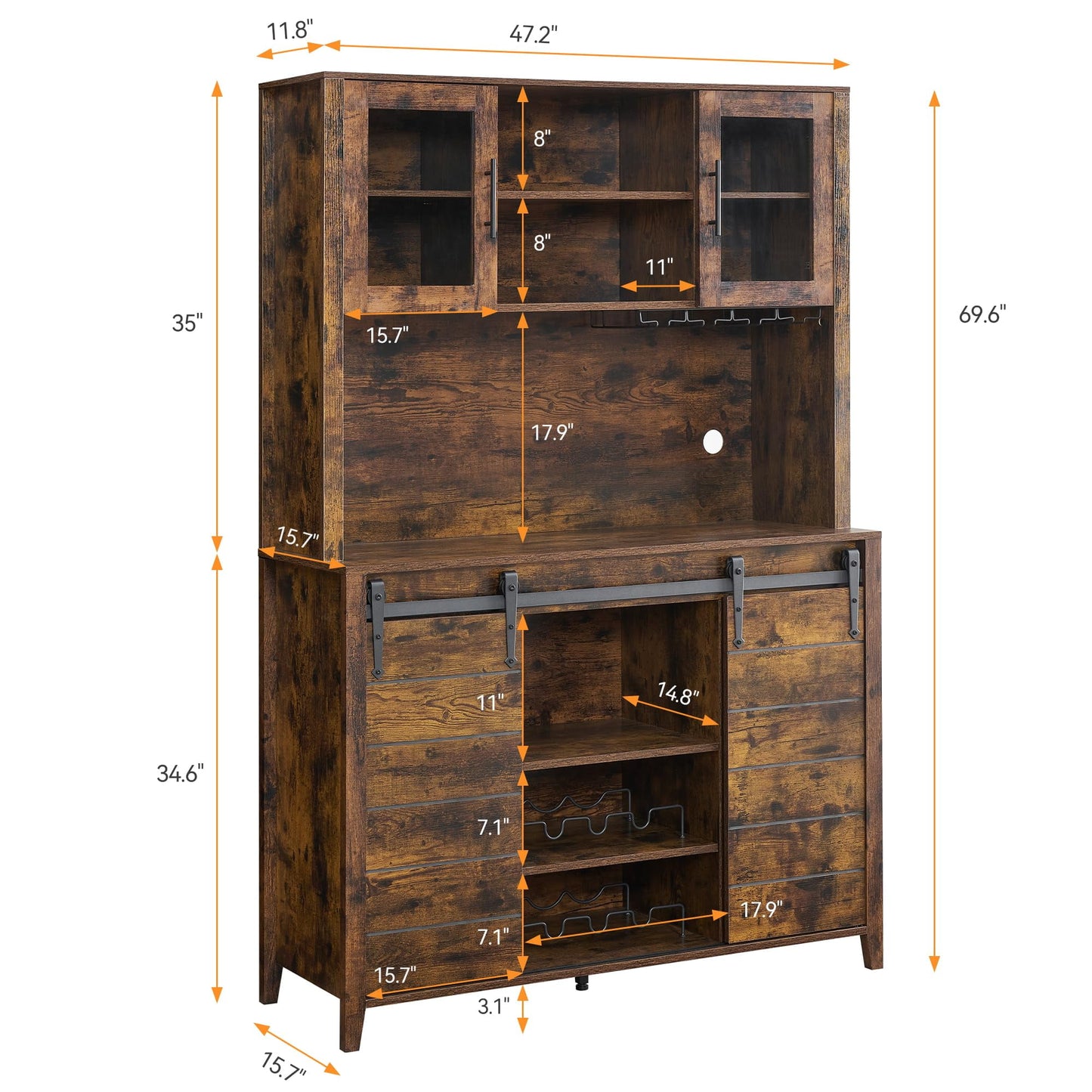 2024 New Farmhouse Coffee Bar Cabinet with Sliding Barn Door, 72in Tall Buffet Cabinet with Storage Shelves, Liquor Cabinet with Wine and Glasses Rack,Sideboard Cupboard for Kitchen,Dining Room