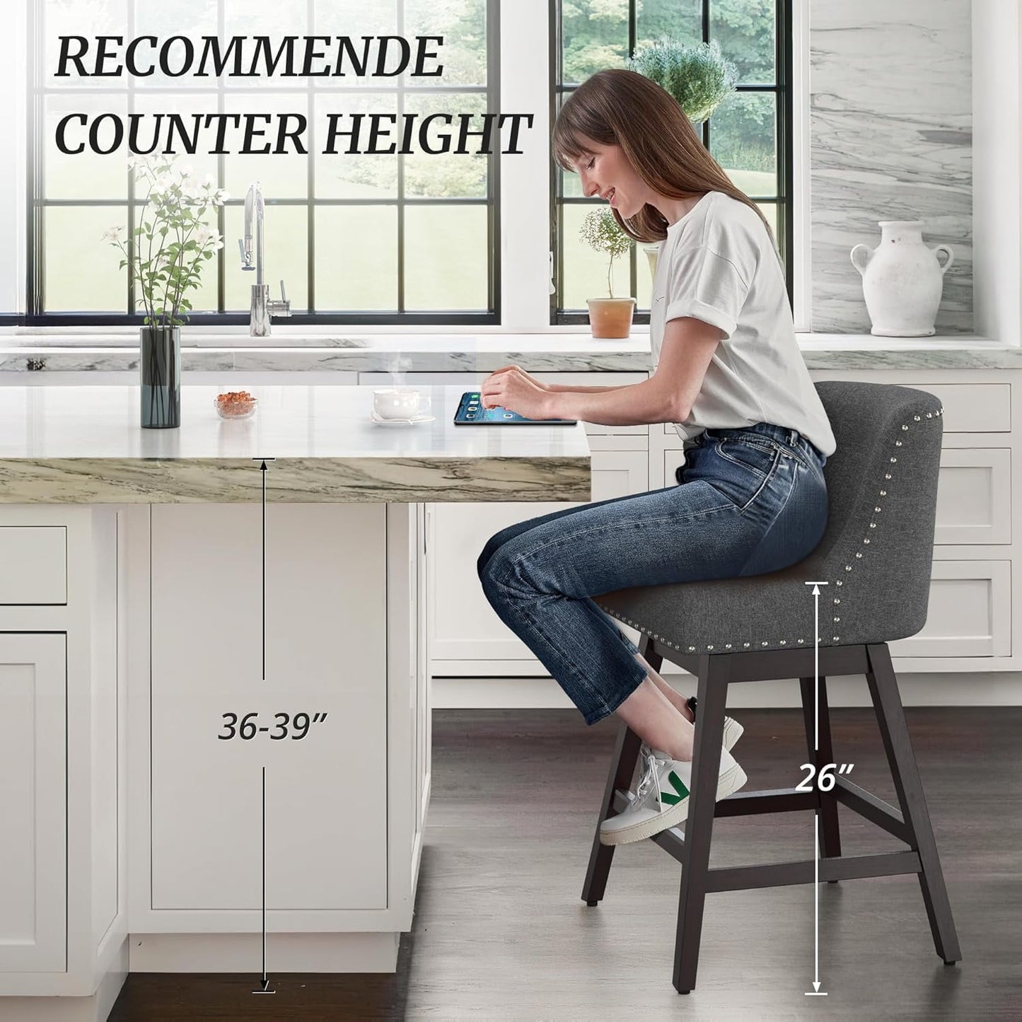 Dycanpo 26in H Swivel Counter Stools Set of 2 with Back Linen Fabric for Home Kitchen Island, Gray