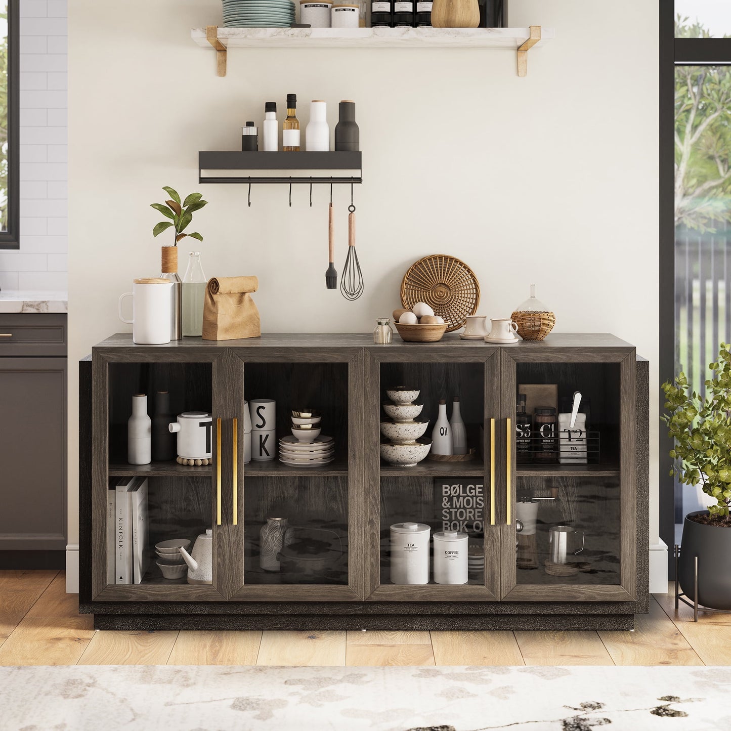 BELLEZE Sideboard, Modern Wood & Glass, Kitchen/Dining Room Furniture - Brixston, Brown