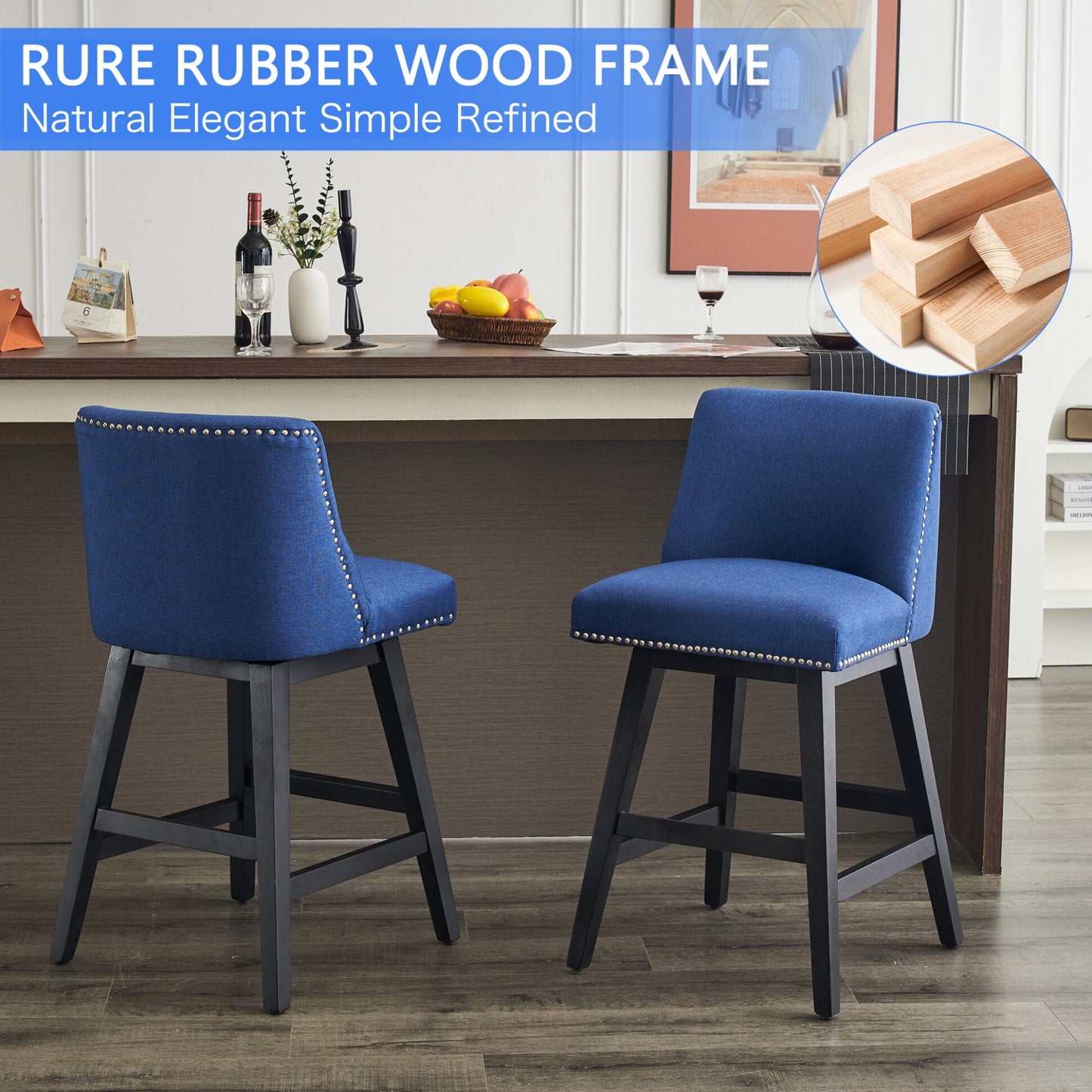 26in Swivel Bar Stools Set of 2, Counter Height Barstools with Nailhead Trims Back, Upholstered Bar Chairs with Wood Legs and Footrest, for Kitchen Island Bar Cafe, Blue