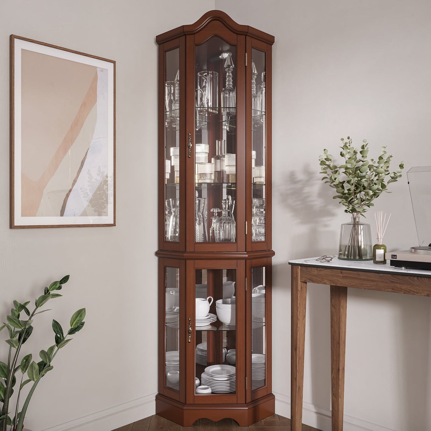 BELLEZE Loraine Canted Front Corner Lighted Curio Cabinet With 5 Tier Shelves, Walnut