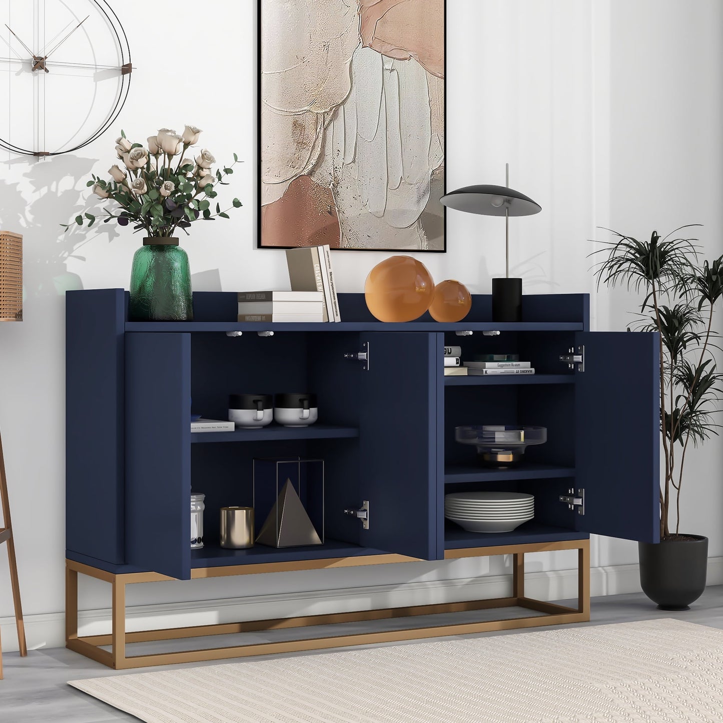 TRIPLE TREE, 47in Modern Storage Cabinet, Console Table with 4 Doors & Gold Metal Base,Entryway Cupboard Furniture, Navy