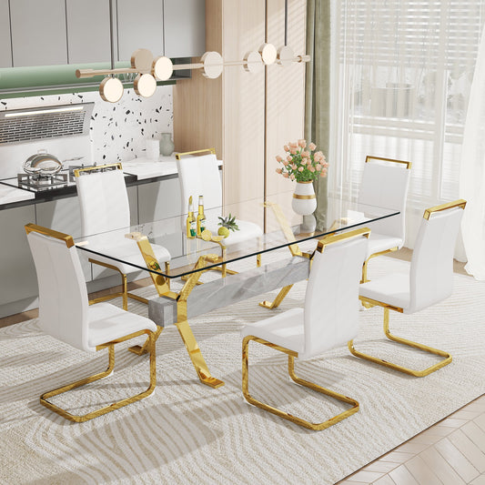 1 table and 6 chairs. Modern, simple and luxurious tempered glass rectangular dining table and desk with 6 white PU gold plated leg chairs 79in x39in x30in