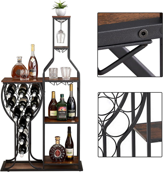 11 Bottle Wine Bakers Rack, 5 Tier Freestanding Wine Rack, with Hanging Wine Glass Holder and Storage Shelves Wine Storage Home Bar for Liquor and Wine Storage for Kitchen, Dining Room, Bar (Brown)